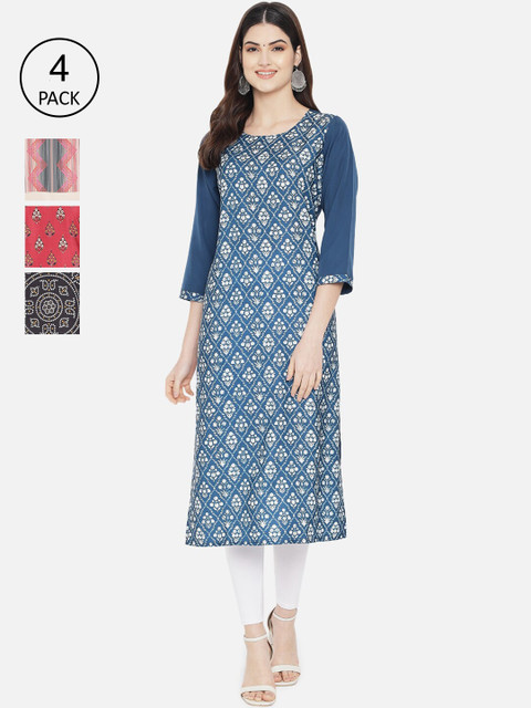 

1 Stop Fashion Women Multicoloured Ethnic Motifs Printed Crepe Kurta Pack Of 4, Multi