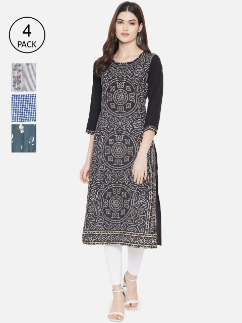 

1 Stop Fashion Women Pack of 4 Printed Crepe Kurtas, Green