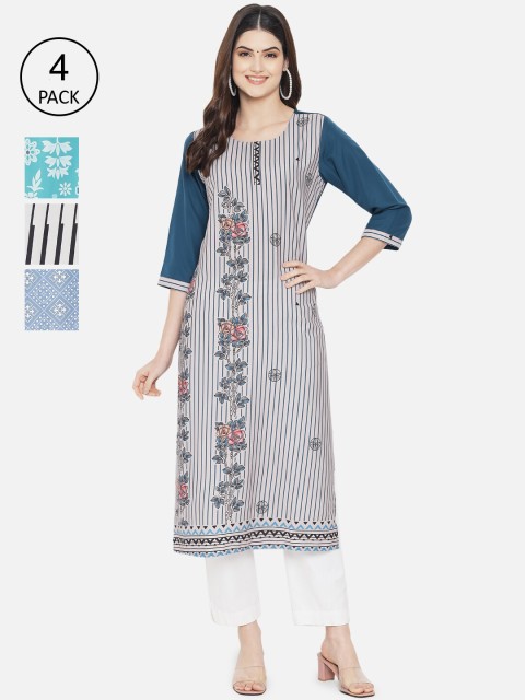 

1 Stop Fashion Women Multicoloured Geometric Printed Mirror Work Crepe Kurta, Multi