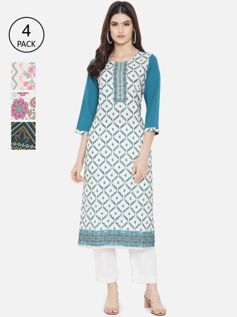 

1 Stop Fashion Women Blue & Green Pack Of 4 Print Straight Kurta