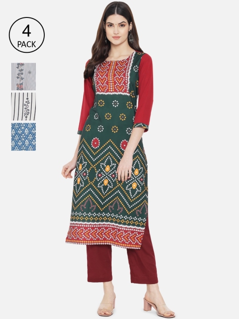 

1 Stop Fashion Women Pack of 4 Ethnic Motifs Printed Floral Crepe Kurta, Multi