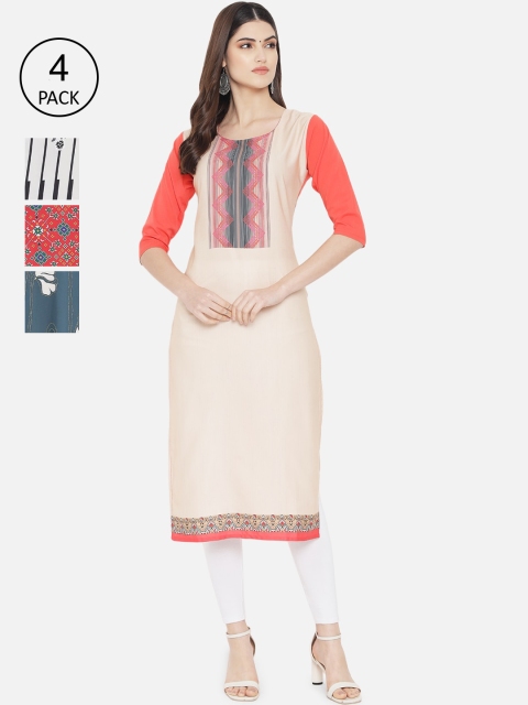 

1 Stop Fashion Women Multicoloured Set Of 4 Ethnic Motifs Yoke Design Crepe Kurta, Multi