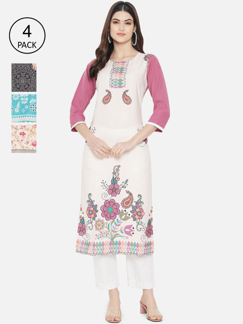 

1 Stop Fashion Women Pack of 4 Multicoloured Floral Printed Crepe Kurta, Multi