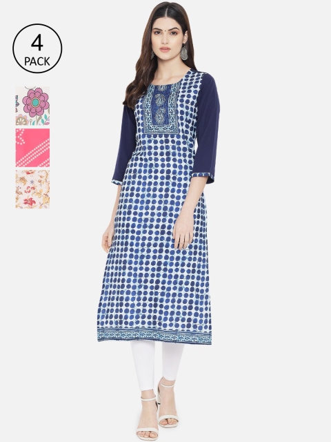 

1 Stop Fashion Women Multicoloured Set Of 4 Floral Printed Crepe Kurta, Multi