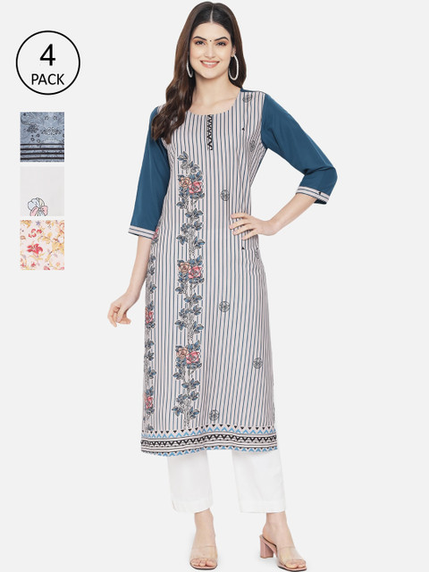 

1 Stop Fashion Women Multicoloured Pack of 4 Floral Printed Crepe Kurta, Multi