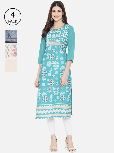 

1 Stop Fashion Women Set of 4 Ethnic Motifs Printed Crepe Kurta, Multi