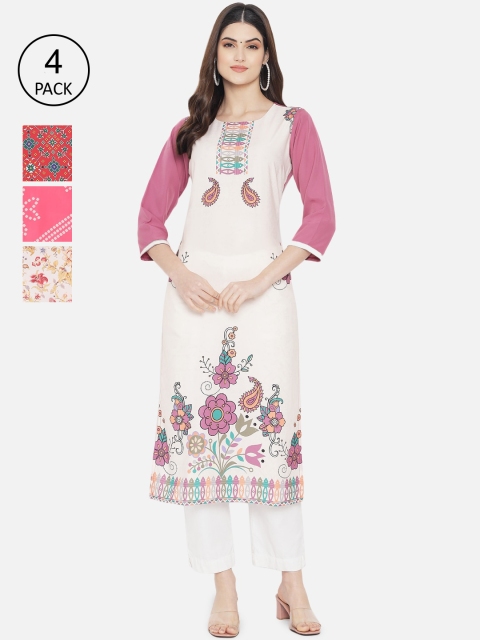 

1 Stop Fashion Women Pack Of 4 Floral Printed Crepe Kurta, White