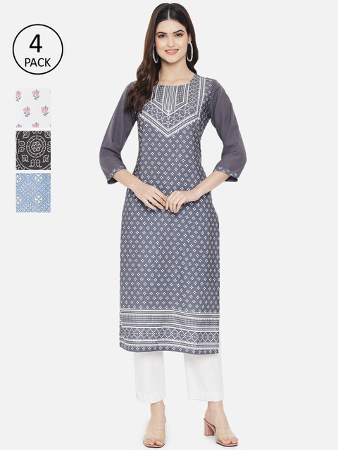 

1 Stop Fashion Women Pack of 4 Multicoloured Ethnic Motifs Printed Crepe Kurta, Multi