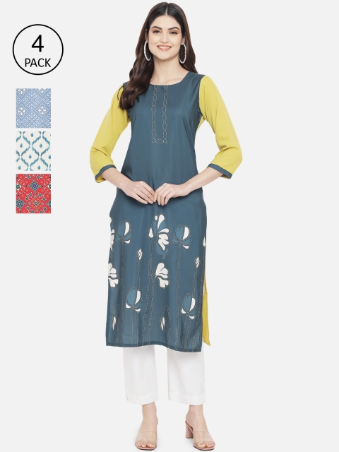 

1 Stop Fashion Women Multicoloured Pack of 4 Floral Printed Crepe Kurta, Multi
