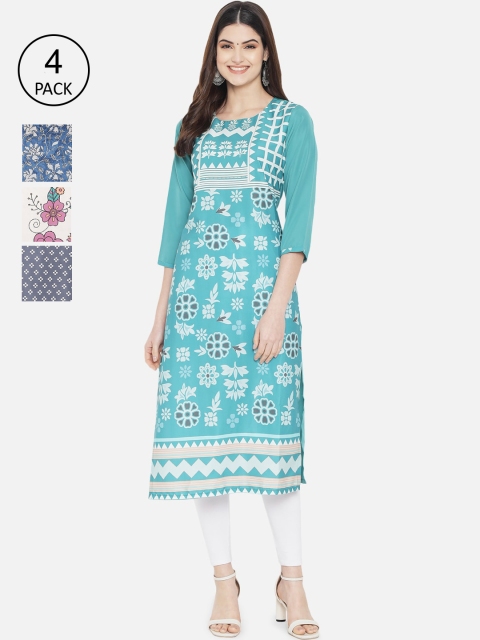 

1 Stop Fashion Pack of 4 Women Ethnic Motifs Printed Crepe Kurta, Multi