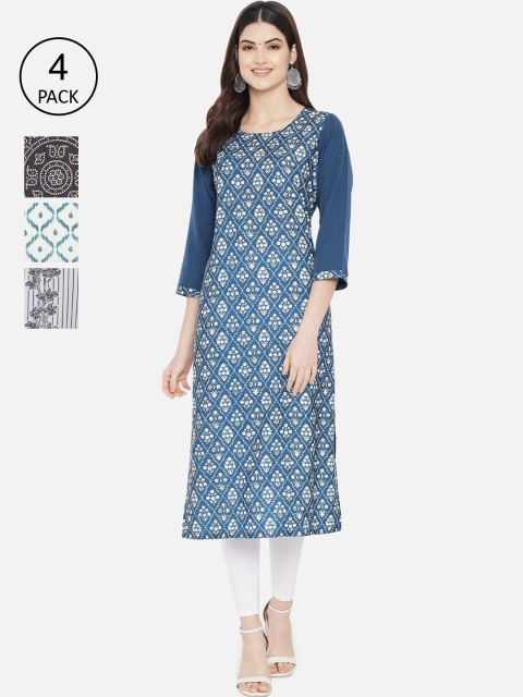 

1 Stop Fashion Women Pack of 4 Blue & White Printed Crepe Kurta