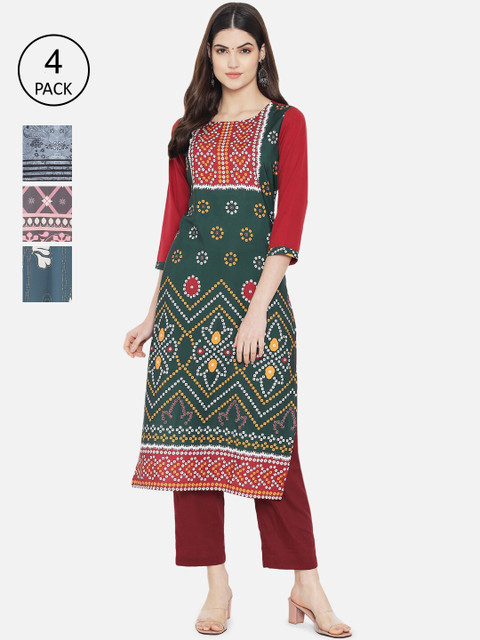 

1 Stop Fashion Women Pack of 4 Multicoloured Ethnic Motifs Printed Crepe Kurta, Multi