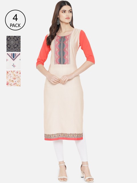 

1 Stop Fashion Woman Pack of 4 Multicoloured Ethnic Motifs Printed Crepe Kurta, Multi