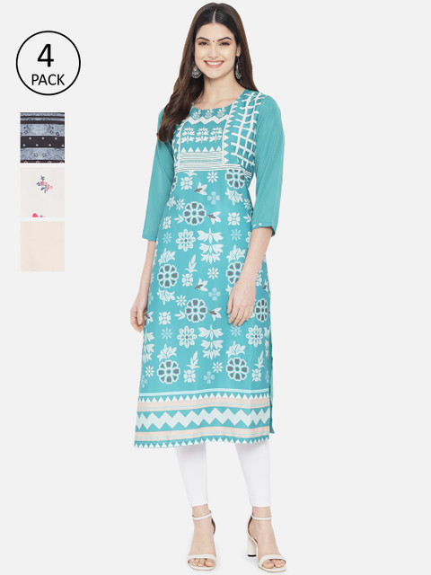 

1 Stop Fashion Women Multicoloured Set of 4 Ethnic Motifs Printed Crepe Kurta, Multi