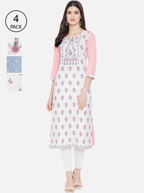 

1 Stop Fashion Women Multicoloured Set of 4 Ethnic Motifs Printed Crepe Kurta, Multi