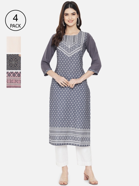 

1 Stop Fashion Women Pack of 4 Printed Crepe Kurtas, Grey