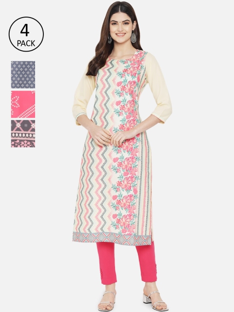 

1 Stop Fashion Women Multicoloured Pack of 4 Floral Printed Crepe Kurta, Multi