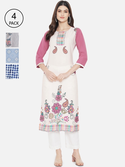 

1 Stop Fashion Women Multicoloured Set Of 4 Floral Printed Crepe Kurta, Multi