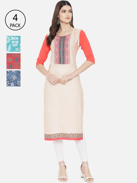 

1 Stop Fashion Women Pack Of 4 Printed Crepe Kurta, Cream