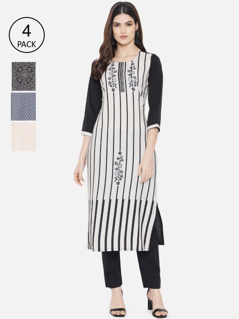

1 Stop Fashion Women Pack Of 4 Multicoloured Ethnic Motifs Printed Crepe Kurtas, Multi