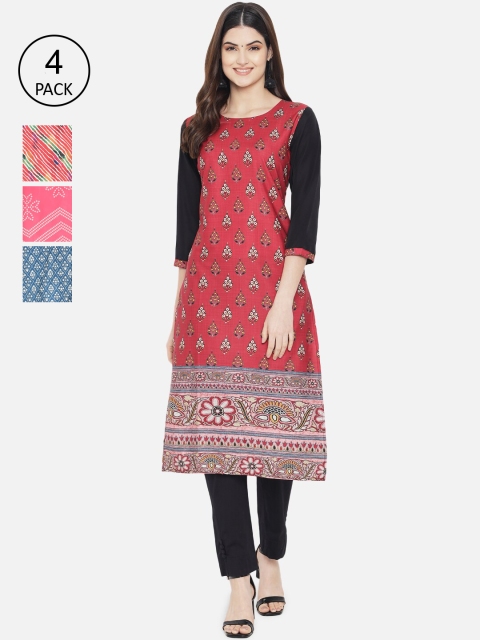 

1 Stop Fashion Women Multicoloured Leheriya Printed Crepe Kurta Pack Of 4, Multi