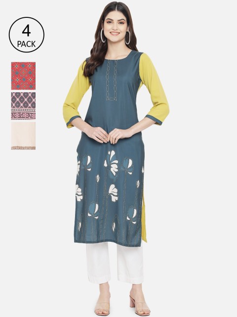 

1 Stop Fashion Women Multicoloured Pack of 4 Ethnic Motifs Printed Crepe Kurta, Multi