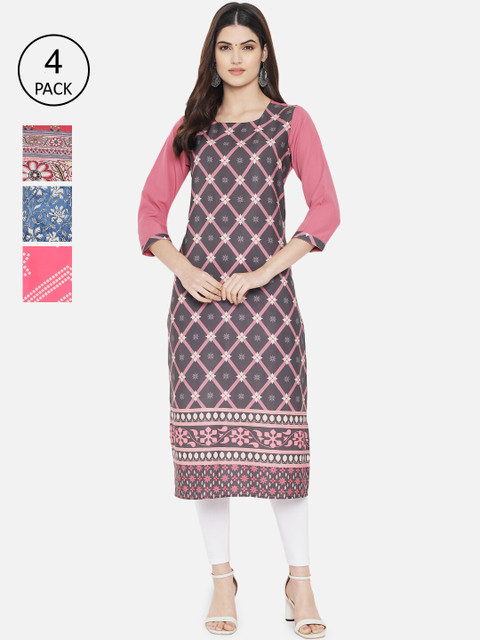 

1 Stop Fashion Women Pack of 4 Ethnic Motifs Printed Floral Crepe Kurta, Multi