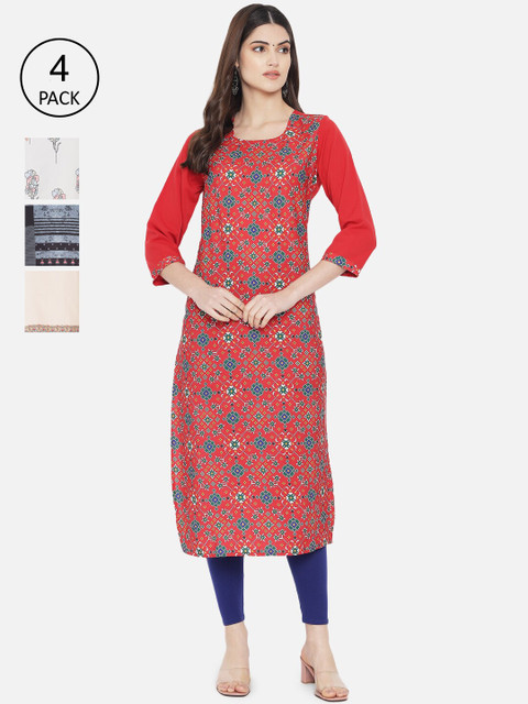 

1 Stop Fashion Women Multicoloured Set Of 4 Ethnic Motifs Printed Crepe Kurta, Multi