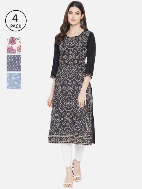 

1 Stop Fashion Women Set of 4 Ethnic Motifs Printed Crepe Kurta, Multi