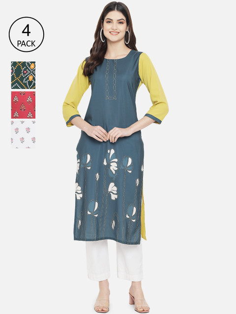 

1 Stop Fashion Women Set of 4 Ethnic Motifs Printed Crepe Kurta, Multi