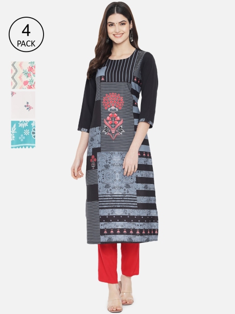 

1 Stop Fashion Women Pack Of 4 Floral Printed Crepe Kurta, Black