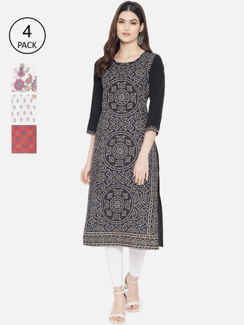 

1 Stop Fashion Women Pack of 4 Multicoloured Geometric Printed Crepe Kurta, Multi