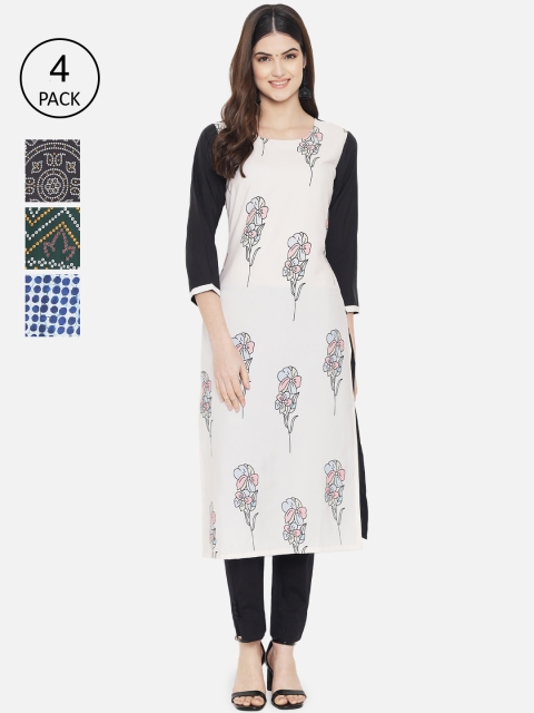 

1 Stop Fashion Women Pack Of 4 Multicoloured Ethnic Motifs Printed Crepe Kurtas, Multi