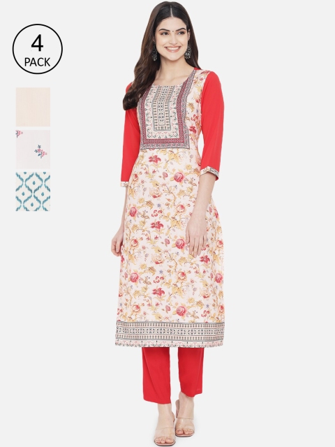

1 Stop Fashion Women Pack of 4 Printed Crepe Kurtas, Red
