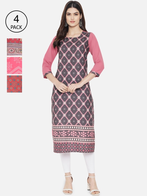 

1 Stop Fashion Women Pink & Red Pack Of 4 Print Straight Kurta