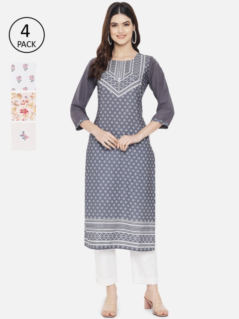 

1 Stop Fashion Women Multicoloured Set Of 4 Ethnic Motifs Printed Crepe Kurta, Multi