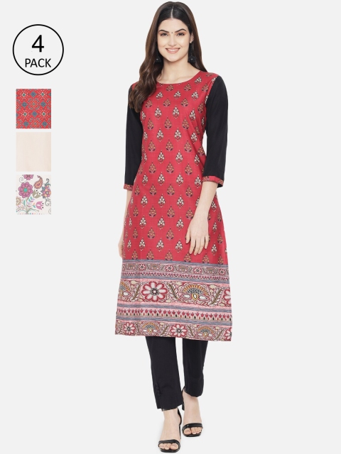 

1 Stop Fashion Women Multicoloured Ethnic Motifs Printed Crepe Kurta Pack of 4, Multi