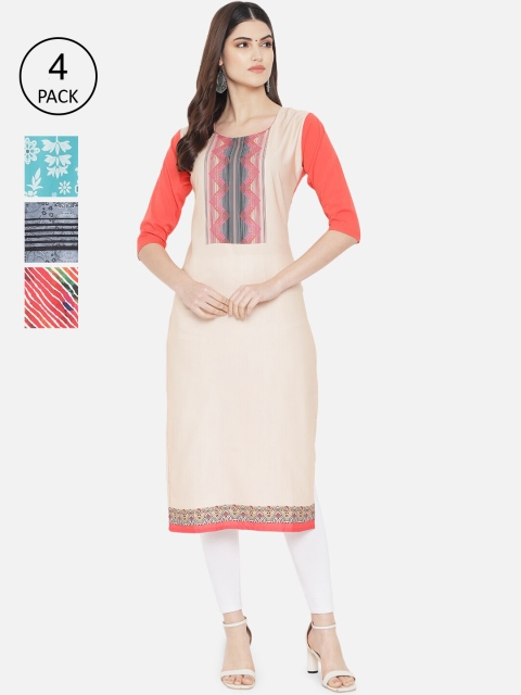 

1 Stop Fashion Women Pack Of 4 Printed Crepe Kurta, Cream