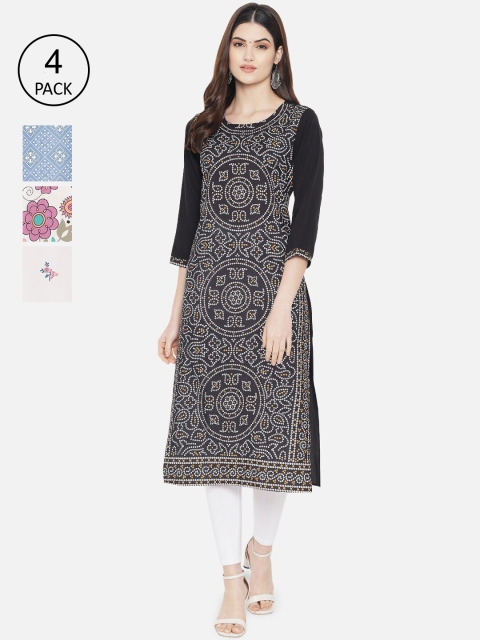 

1 Stop Fashion Women Black & White Pack Of 4 Print Straight Kurta
