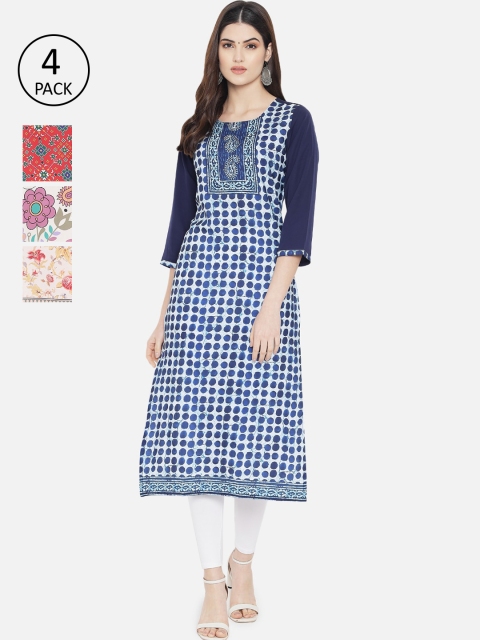 

1 Stop Fashion Pack of 4 Women Ethnic Motifs Printed Crepe Kurta, Multi