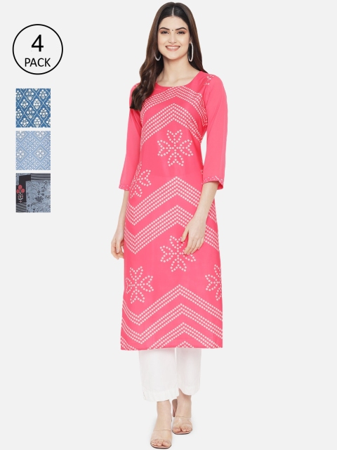 

1 Stop Fashion Pack of 4 Women Ethnic Motifs Printed Crepe Kurta, Multi