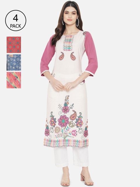 

1 Stop Fashion Women Multicoloured Ethnic Motifs Printed Crepe Kurta Pack Of 4, Multi