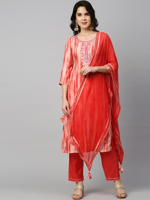 

FASHOR Women Coral Ethnic Motifs Dyed Mirror Work Chanderi Silk Kurta with Trousers & With Dupatta