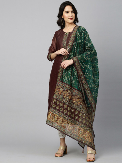 

FASHOR Women Brown Ethnic Motifs Printed Chanderi Silk Anarkali Kurta