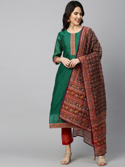 

FASHOR Women Green Ethnic Motifs Printed Kantha Work Chanderi Silk Kurta & Dupatta