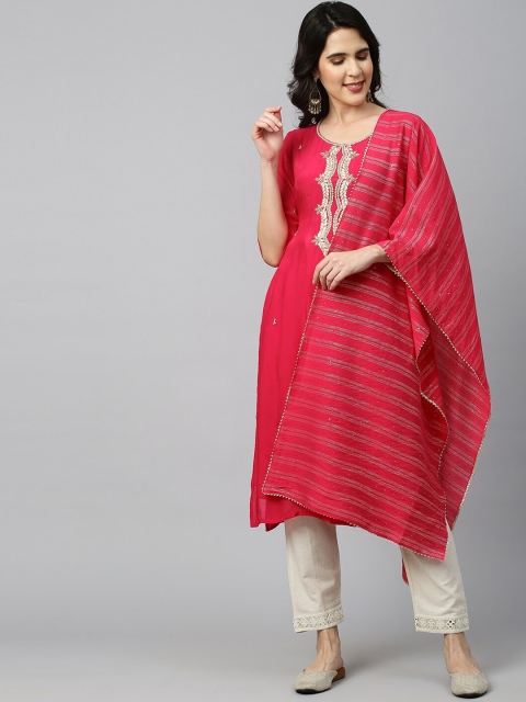 

FASHOR Women Pink & Gold-Toned Embroidered Gotta Patti Kurta With Dupatta