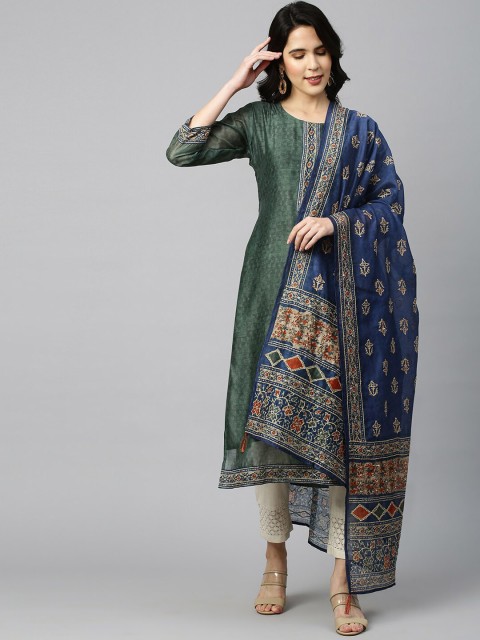 

FASHOR Women Green Ethnic Motifs Embroidered Mirror Work Chanderi Silk Chanderi Silk Anarkali Kurta