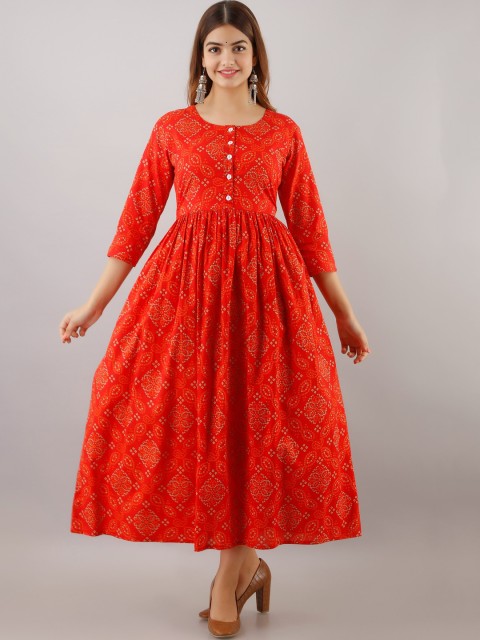 

Women Touch Women Red Ethnic Motifs Printed Flared Sleeves Mirror Work Floral Anarkali Kurta