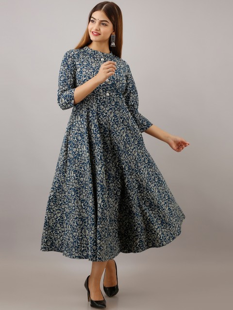 

Women Touch Women Blue Ethnic Motifs Printed Mirror Work Floral Anarkali Kurta