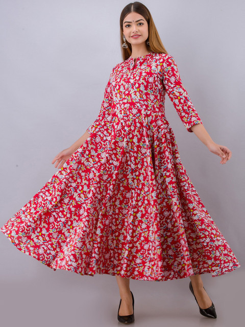 

Women Touch Women Red Floral Printed Cold-Shoulder Sleeves Thread Work Floral Anarkali Kurta